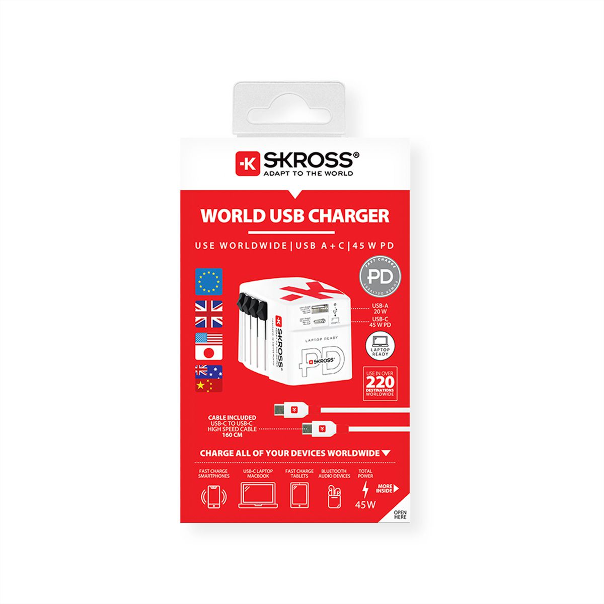 Skross World USB Charger AC45PD with USB C cable, worldwide