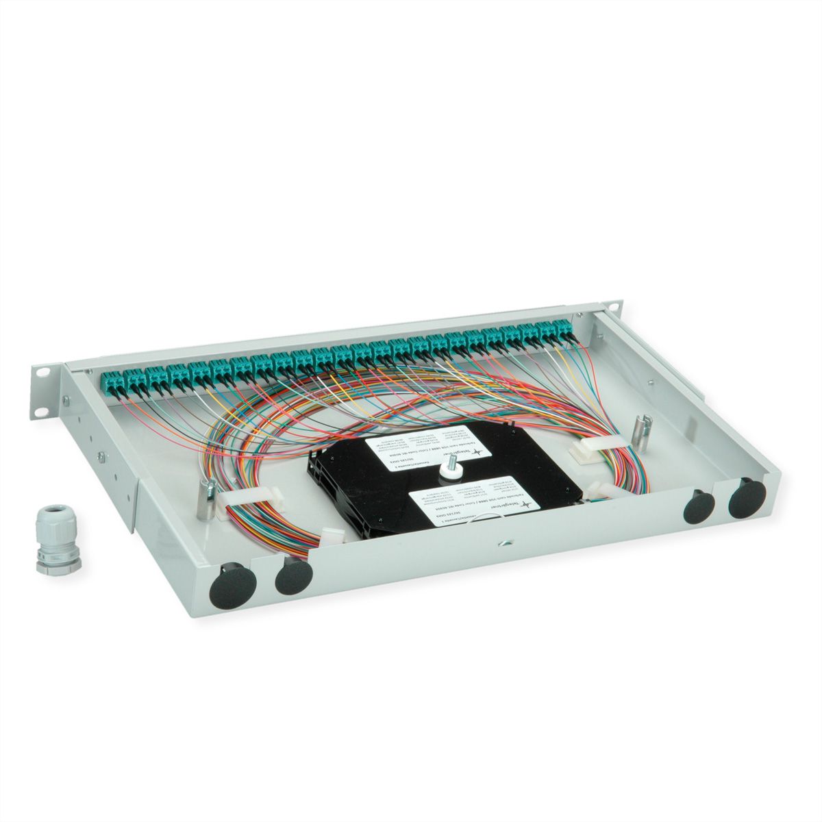 TELEGÄRTNER BASIS V LWL-Panel mit Kupplungen & Pigtails, 24x LC Duplex, türkis, OM3