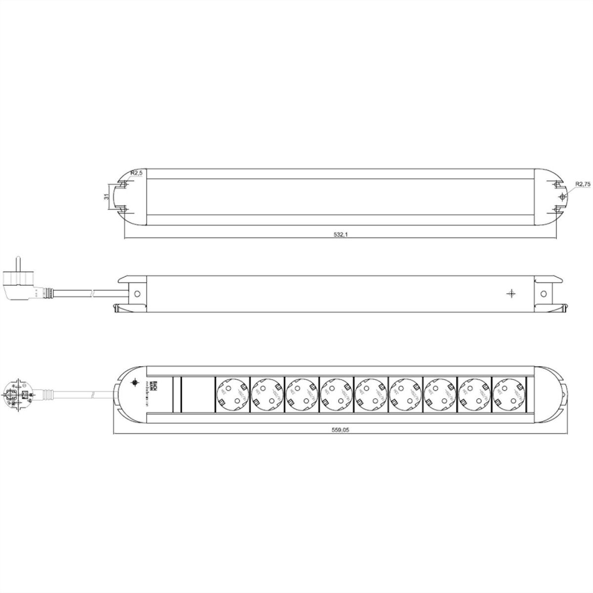 BACHMANN PRIMO socket strip 9x earthing contact, aluminium, 1.75 m