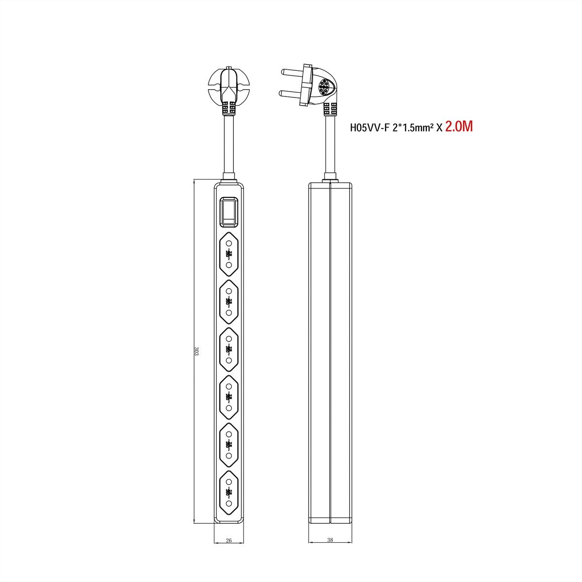 VALUE Power Strip 2-Pin Euro Type, 6-way, with Switch, white, 1.5 m