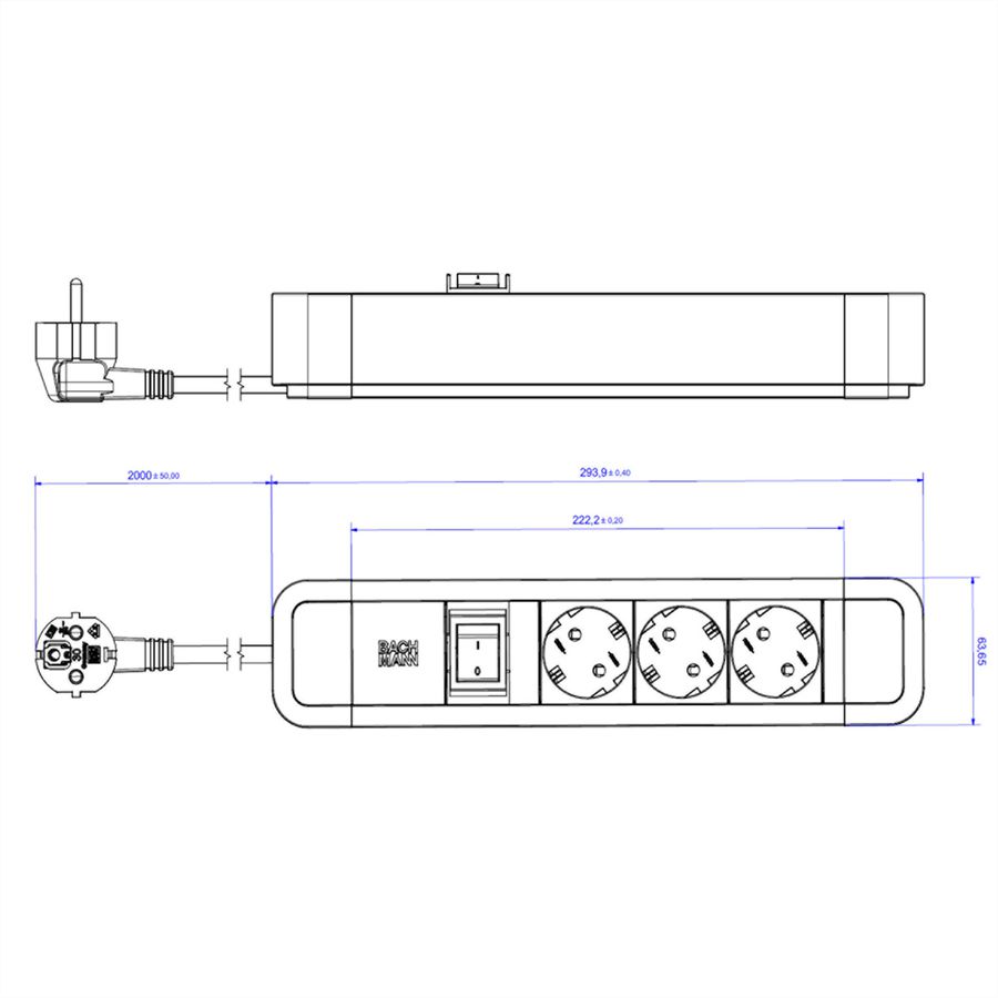 BACHMANN PRIMO2 socket strip 3x earthing contact, aluminium, switch, black, 2 m