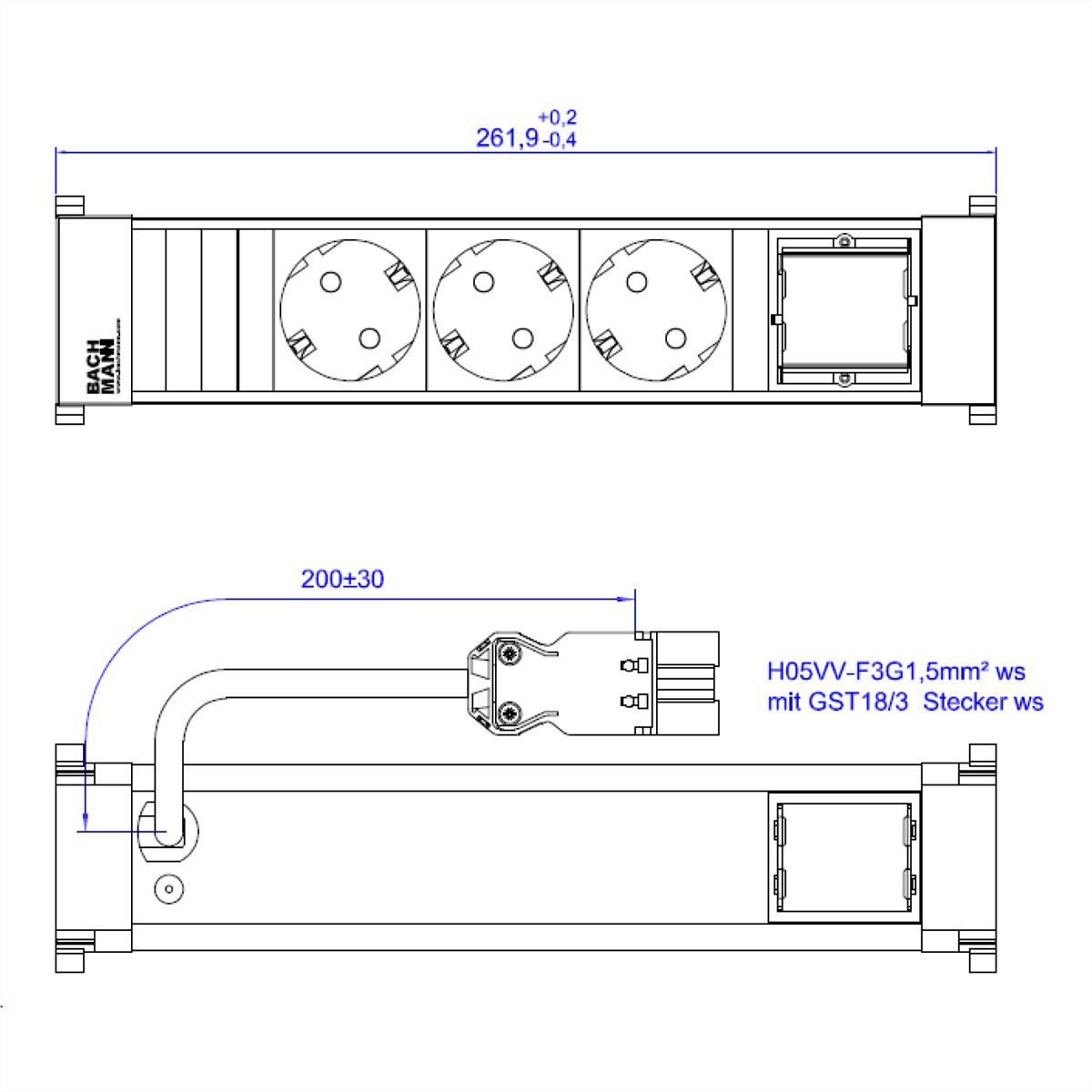 BACHMANN POWER FRAME 3xCEE7/3 1xCM 0.2m GST18 RAL9010