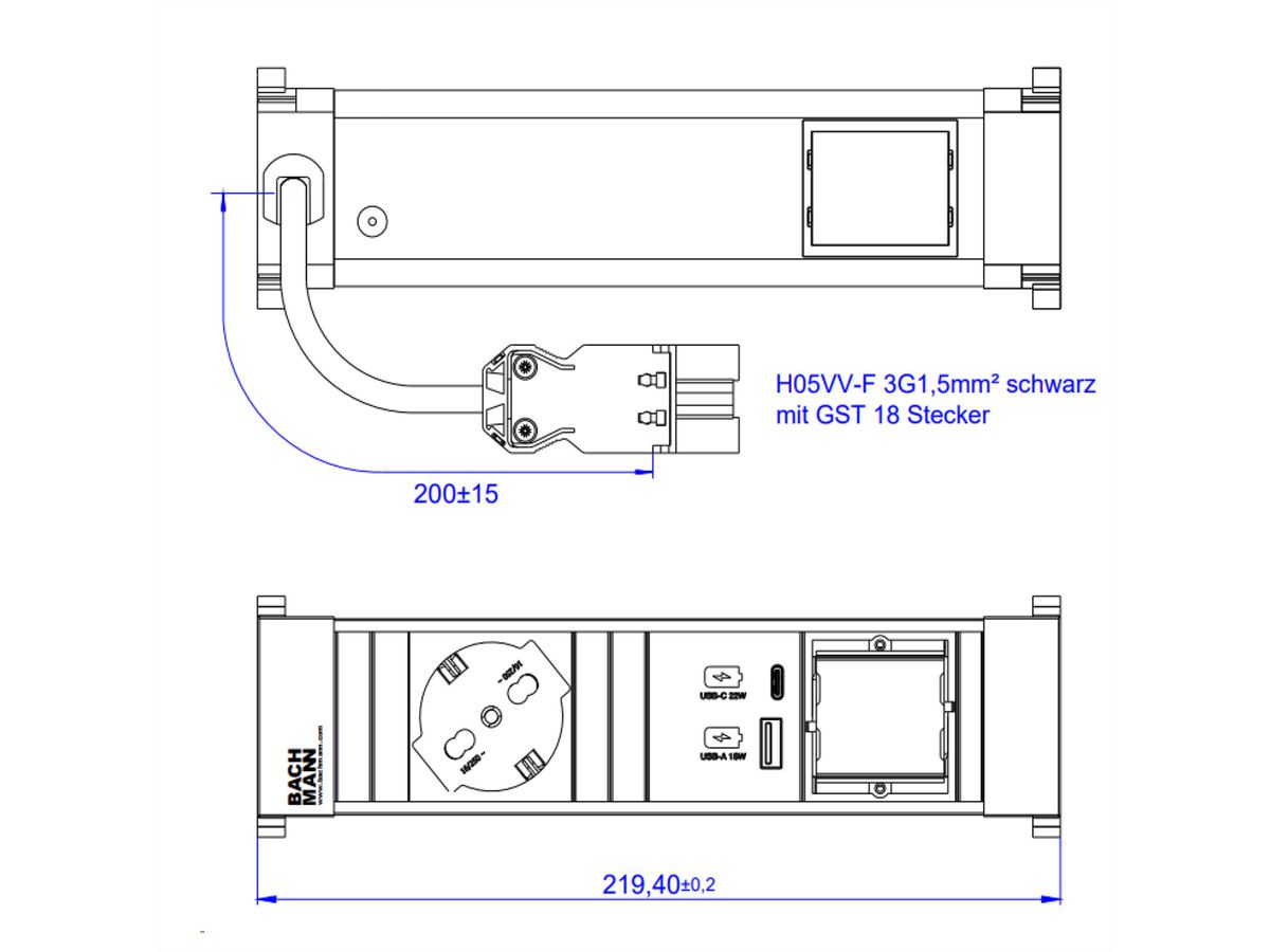 BACHMANN POWER FRAME S 1xP40 USB A&C 22W, 1xCM 0.2m GST18 Italia