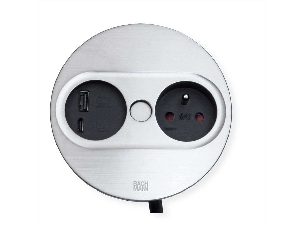 BACHMANN TWIST 2 1xUTE 1xUSB A/C 22W 2.0m AEH stainless steel look round