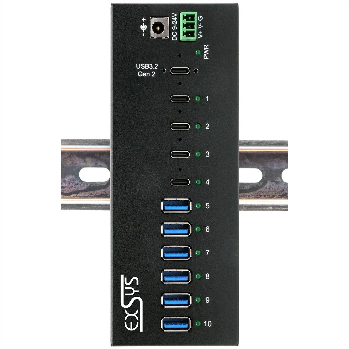 EXSYS EX-12280HMS 10 Port USB 3.2 Gen 2x1 Metal HUB, 4x USB-C, 6x USB-A 3.2 Gen 1, for desk, wall and DIN-Rail mounting