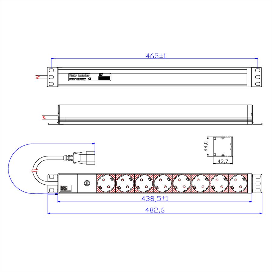 BACHMANN 19" stekkerdoos 8-voudig 2300W, IEC320 C14 stekker, zwart, zwart