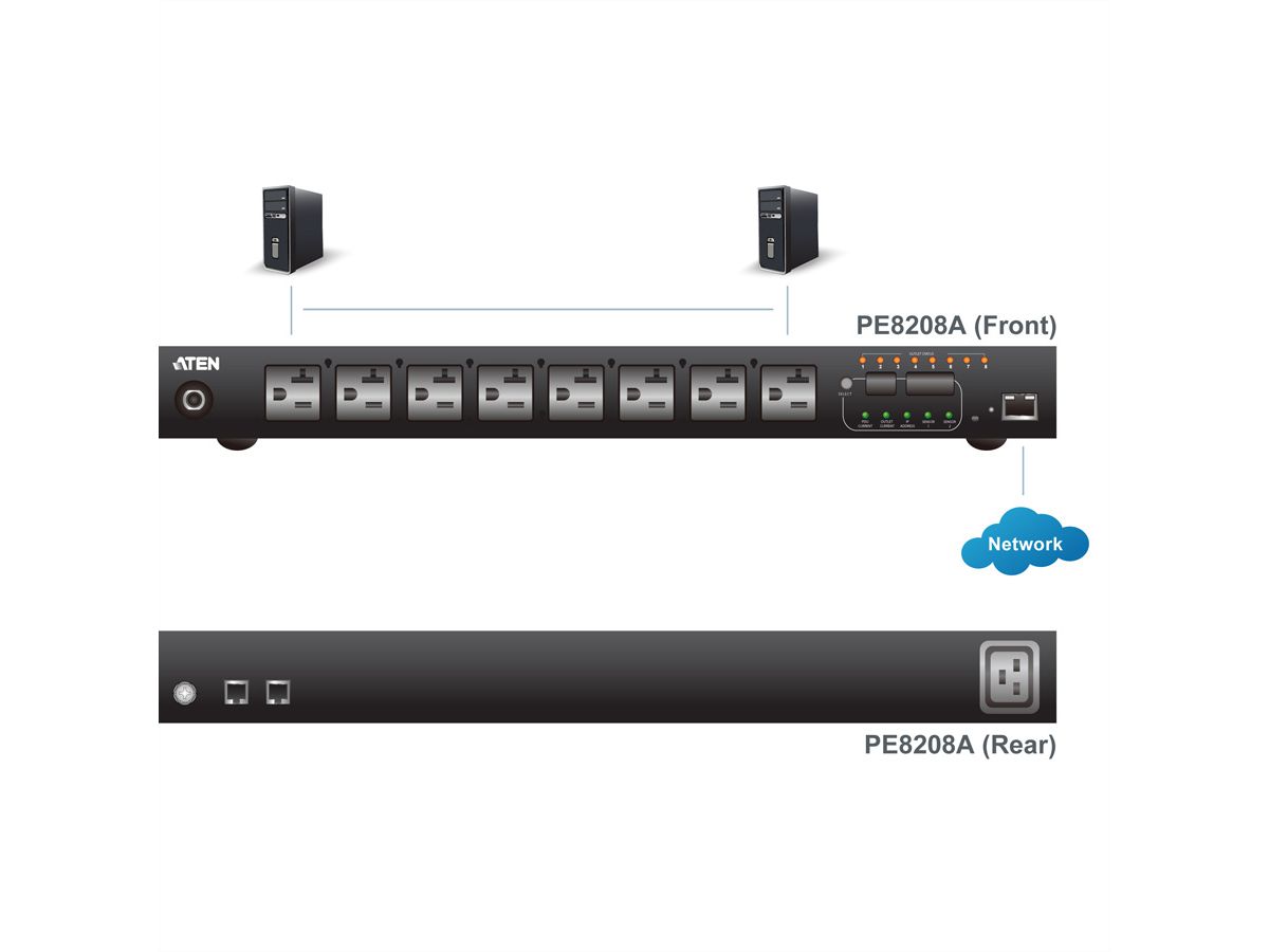 ATEN  PE8208G PDU 8 Port, 1HE, 7xC13 + 1xC19, 16A , Einzel-Port-Messung