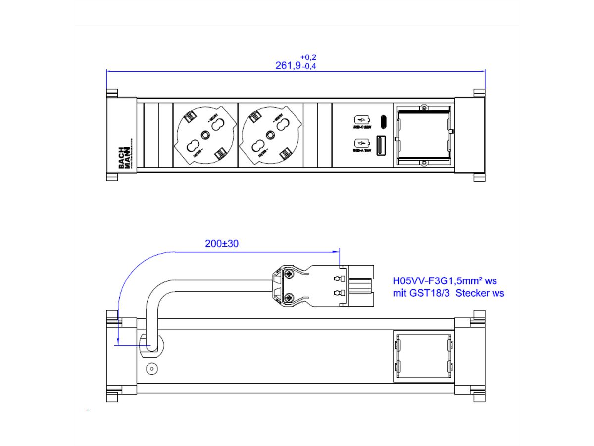 BACHMANN POWER FRAME 2xP40 1xCM 1xUSB A/C 22W 0,2m GST18