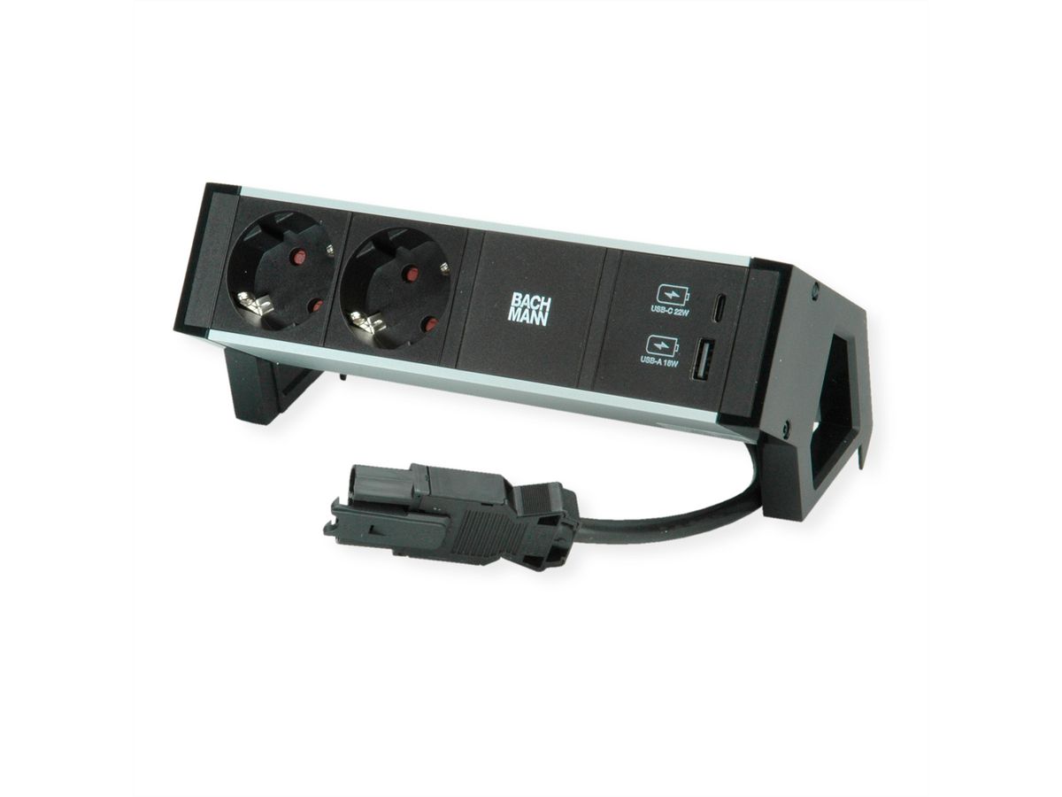BACHMANN DESK2 ALU ZWART 2x Geaard stopcontact, USB, USB oplader 22W A&C 0,2m GST18