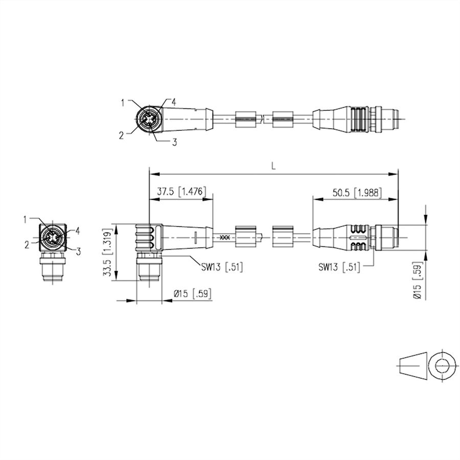 METZ CONNECT Verbindungsleitung M12 ST-M12 ST, 4-pol D-kodiert, gewinkelt-gerade, 2 m