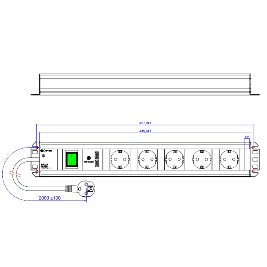 BACHMANN craftsman's socket strip, 5x earthing contact, switch, 2x USB charger, 19-inch rack compatible, 2 m