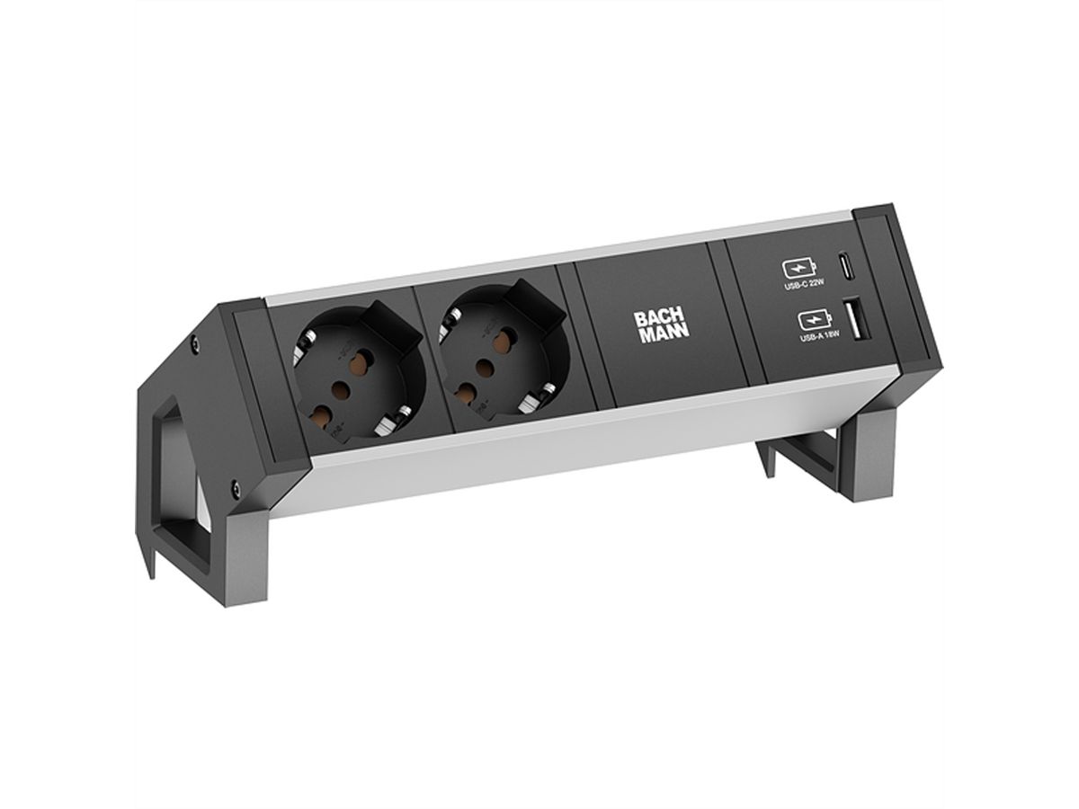 BACHMANN DESK2 ALU ZWART 2xP40, 1xUSB A&C 22W 0,2m GST18 Italië