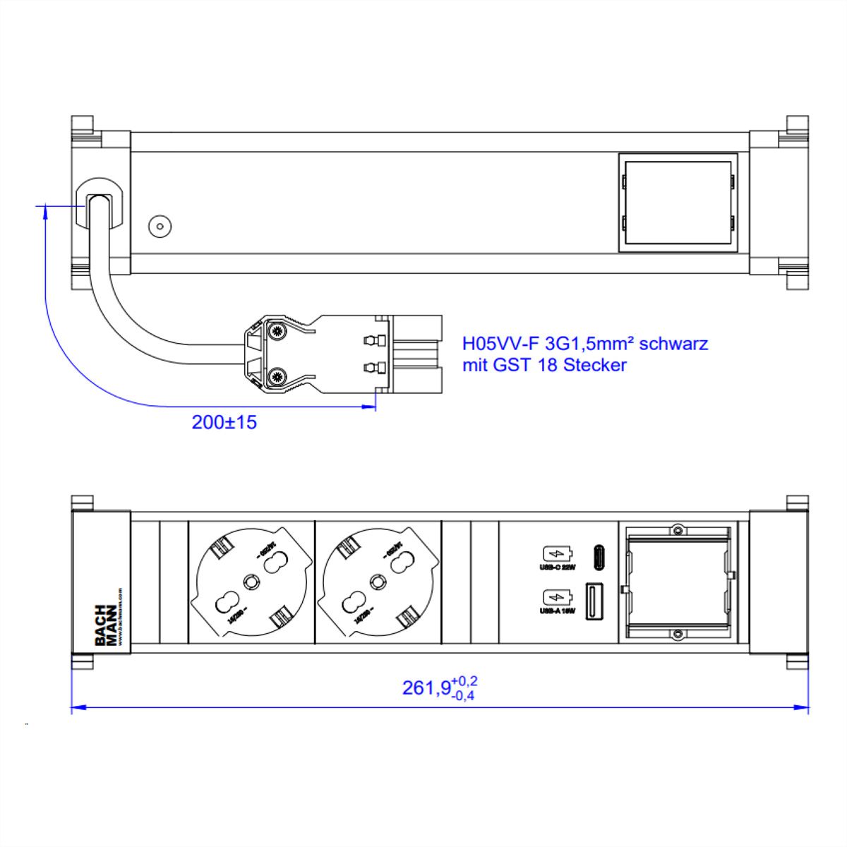 BACHMANN POWER FRAME M 2xP40, 1xUSB A&C 22W 1xCM 0.2m GST18 Italia