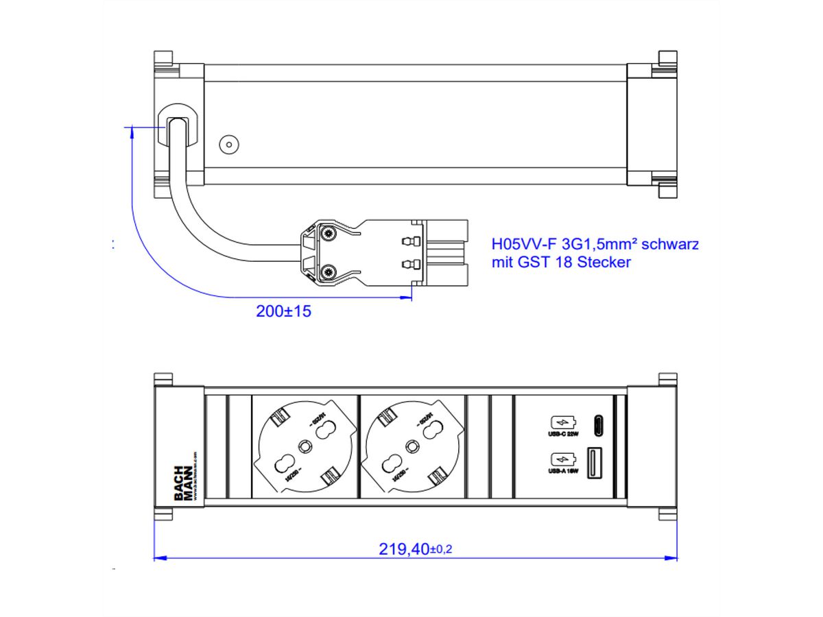 BACHMANN POWER FRAME S 2xP40, 1xUSB A/C 22W 0.2m GST18 Italia