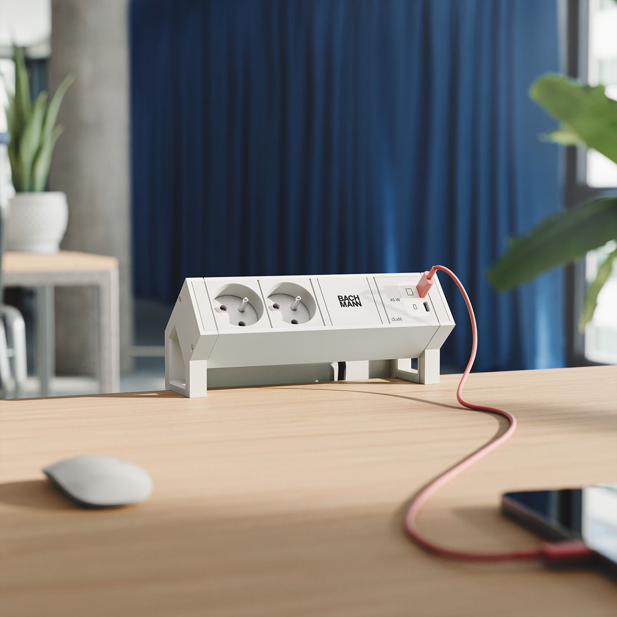 BACHMANN DESK2 white 2xUTE, 1xUSB C/C 45W L=0,2m RAL9010