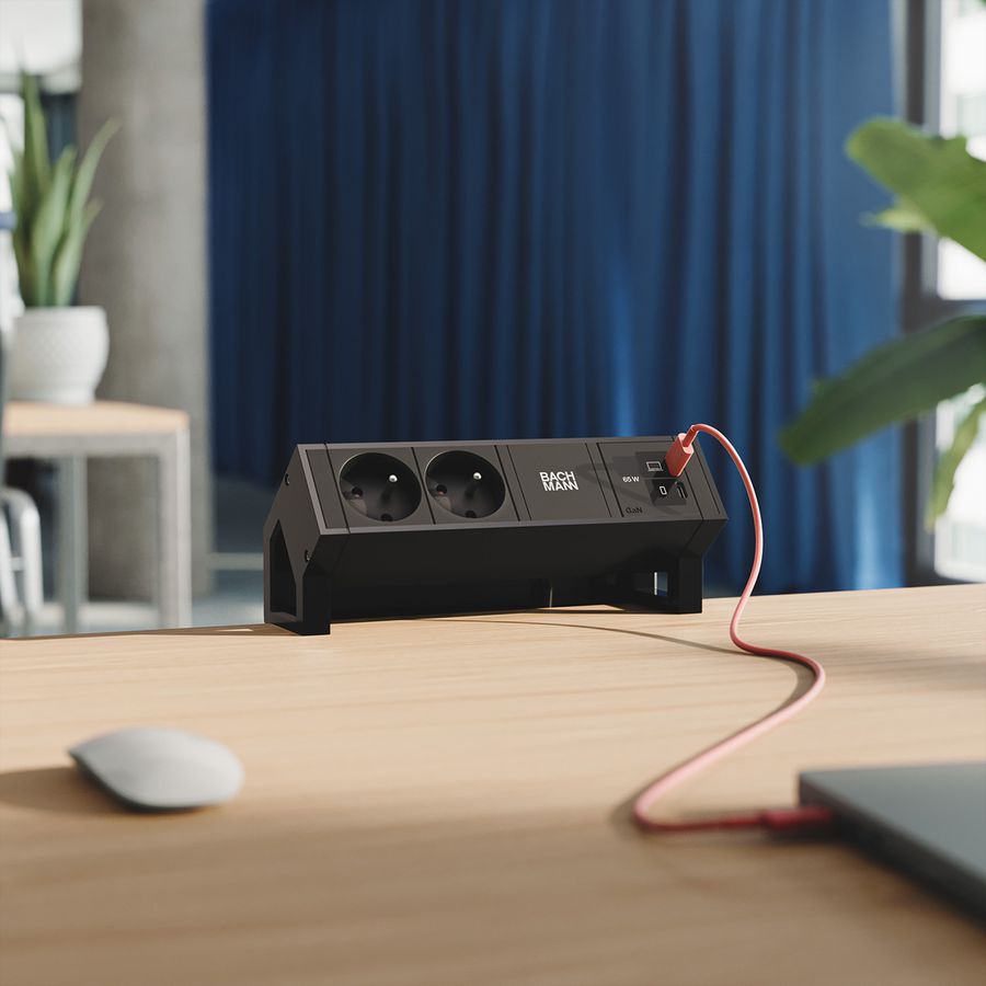 BACHMANN DESK2 2xUTE 1xUSB C/C 65W, L=0,2m RAL9005