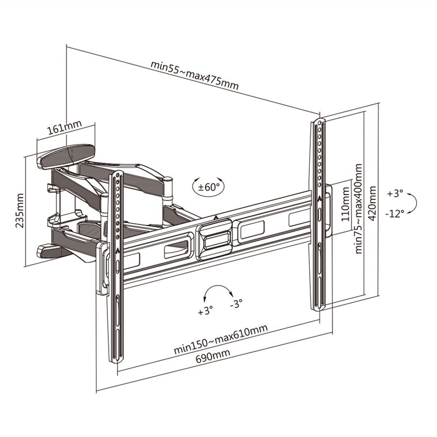 VALUE Solid Articulating Wall Mount TV Holder, up to 203.2 cm (37" - 80"), < 45 kg