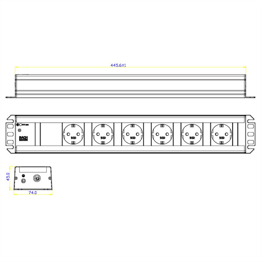 BACHMANN craftsman's strip 6x earthing contact, 19-inch rack compatible, 2 m
