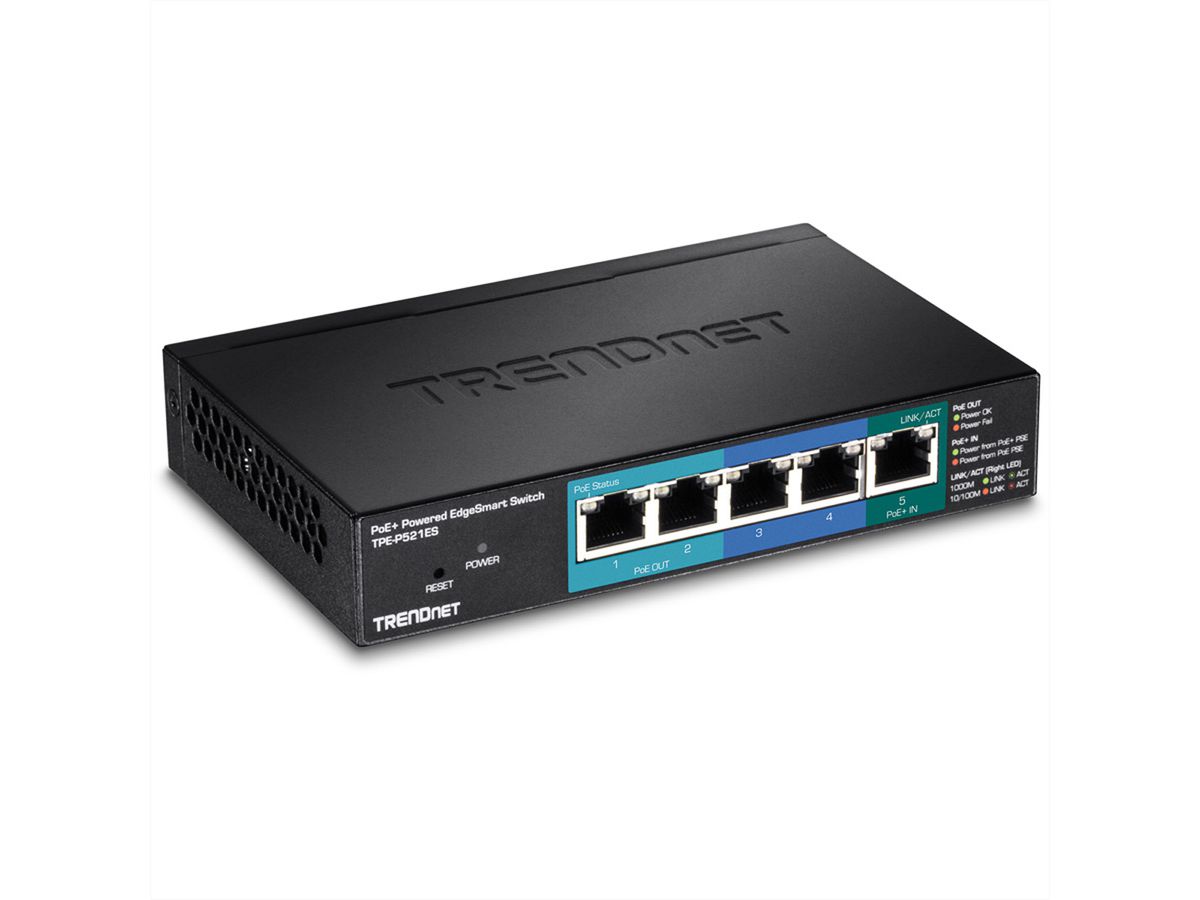 TRENDnet TPE-P521ES 5Port Gigabit Switch PoE+ Powered mit PoE Pass Through 15W