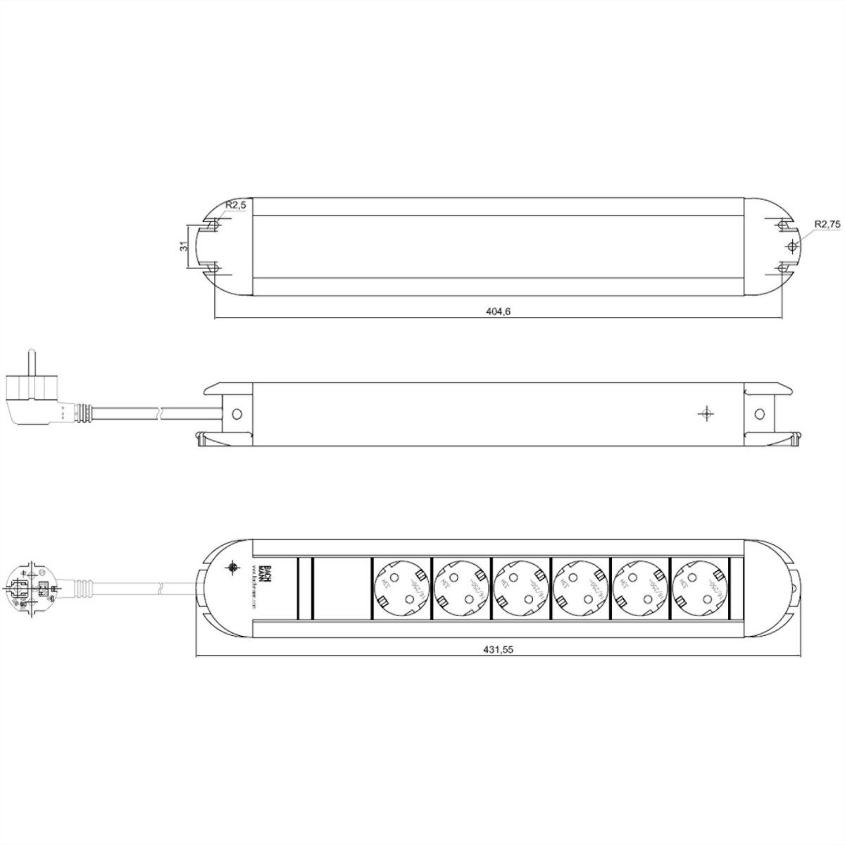 BACHMANN PRIMO socket strip 6x earthing contact, aluminium, 1.75 m