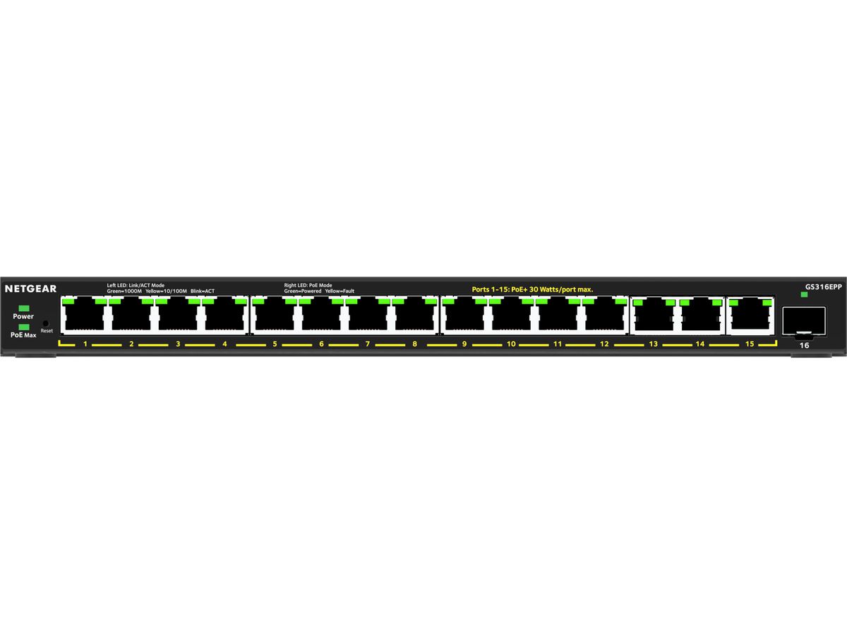 NETGEAR 16-Port High-Power PoE+ Gigabit Ethernet Plus Switch (231W) with 1 SFP port (GS316EPP) Managed Gigabit Ethernet (10/100/1000) Power over Ethernet (PoE) Black