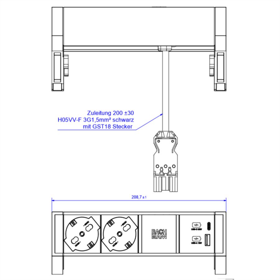 BACHMANN DESK2 2xP40 1xUSB A/C 22W, 0.2m GST18 INOX Italia