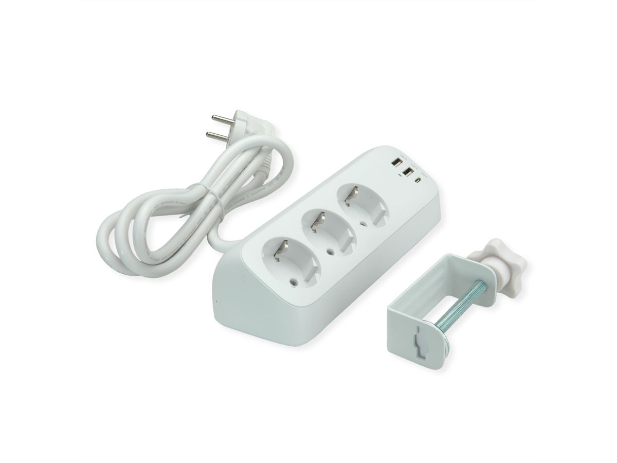 VALUE Power Strip, 3-way, with 3x USB (1x C + 2x A) and table clamp, 1.5 m