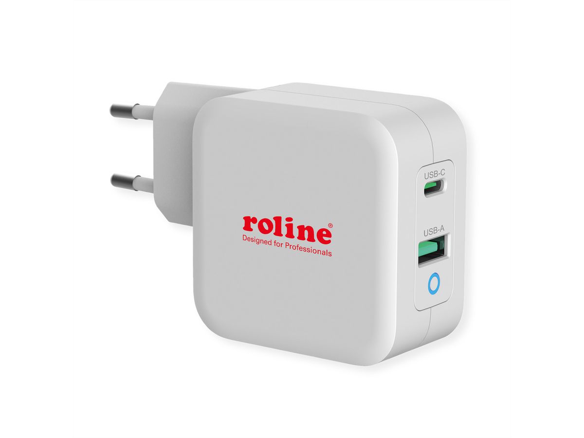 ROLINE USB Wall Charger Euro Plug, 2 Ports, 1x QC3.0 + 1x C (PD), 65W