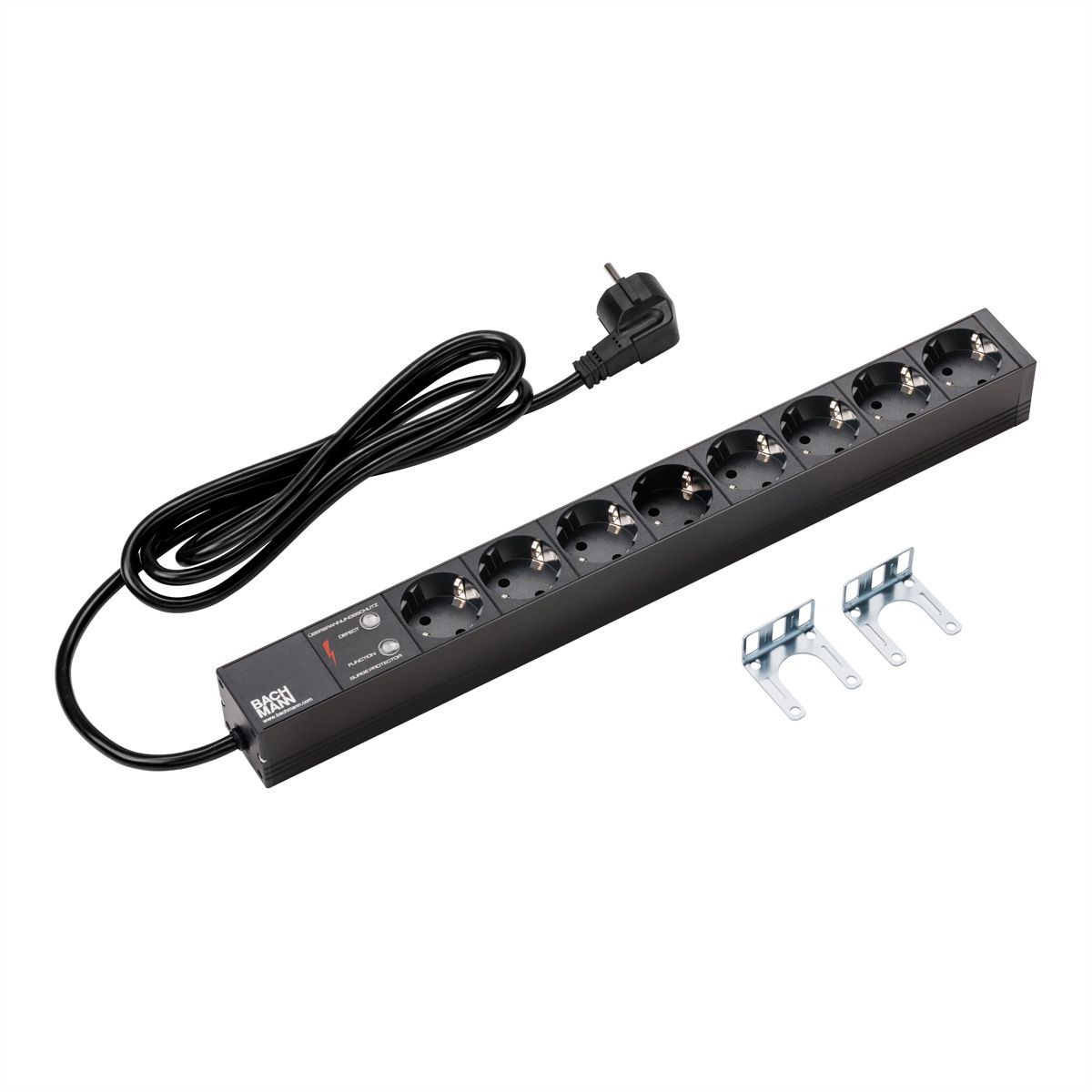 BACHMANN 19" socket strip 8-way with ÜS without switch, black