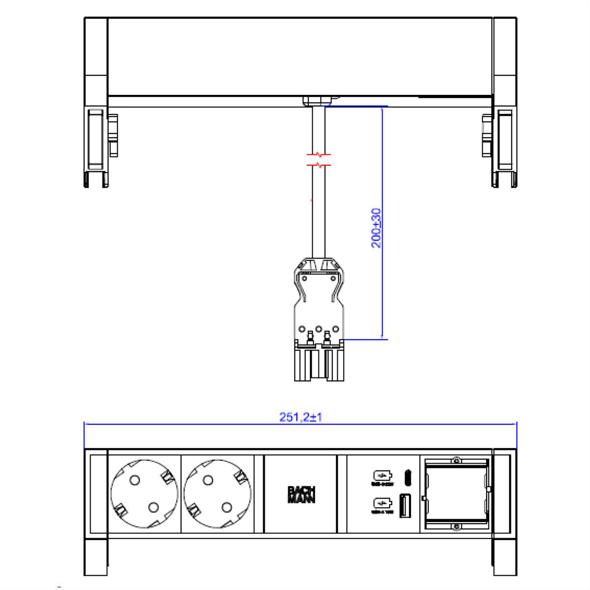 BACHMANN DESK2 wit 2xCEE7/3 1xCM 1xUSB A/C 22W 0,2m GST18