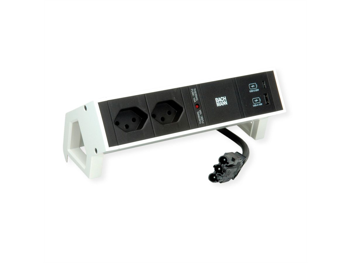 BACHMANN DESK2 2xCH 1xUSB A/C 22W, 0,2m GST18 RAL9010 Zwitserland