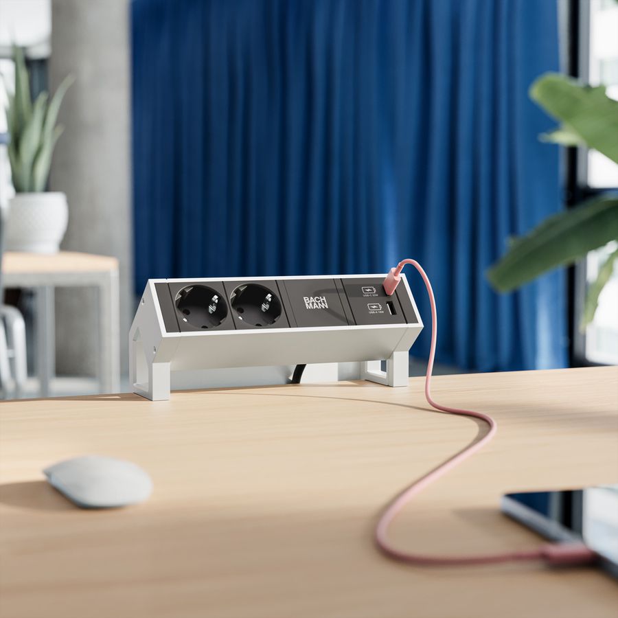 BACHMANN DESK2 2x geaard stopcontact USB A&C, USB Lader 22W 0.2m GST18 INOX