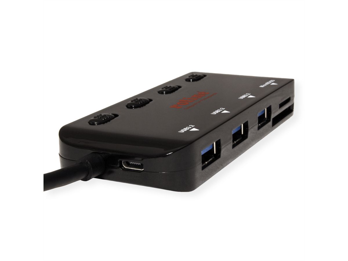 ROLINE USB 3.2 Gen 1 Hub, 3 Ports, Type C connection cable, with Card Reader, switchable