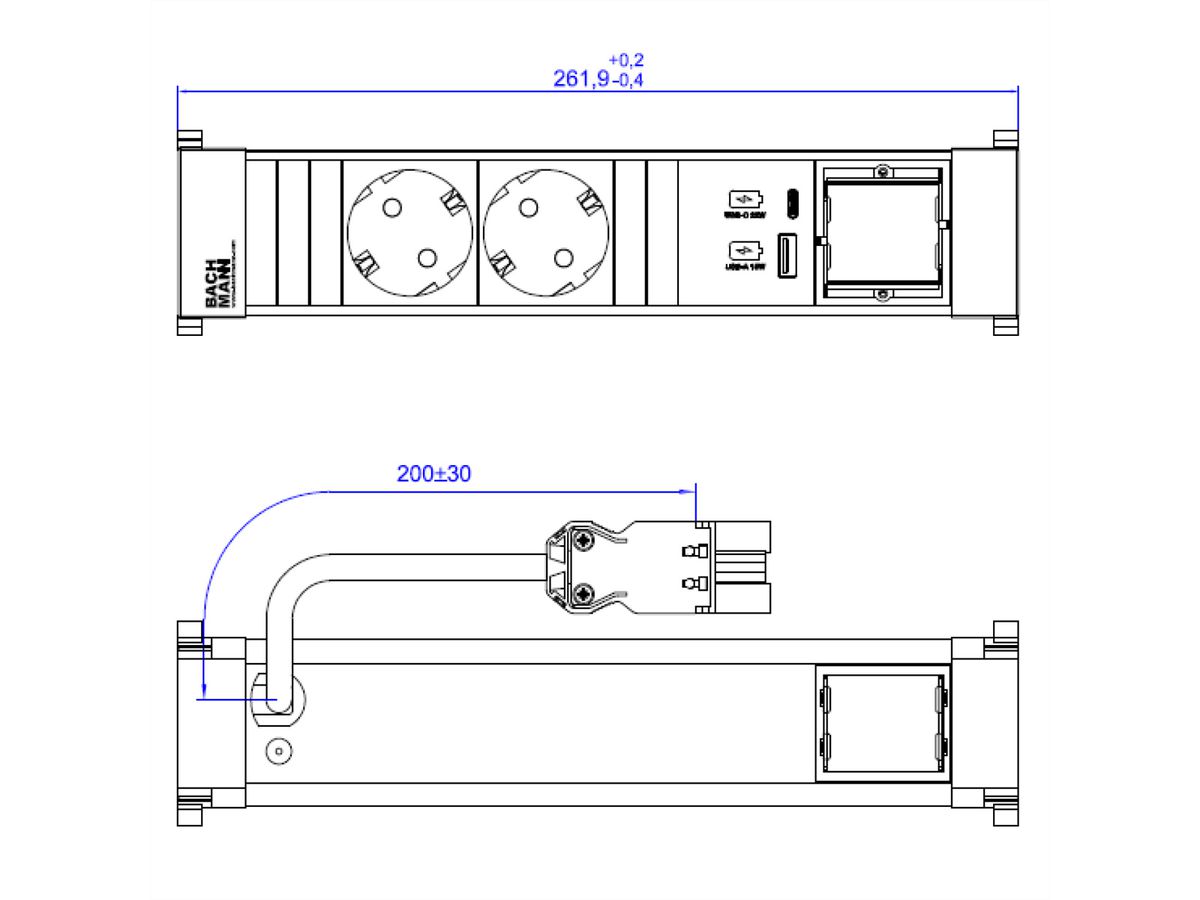 BACHMANN POWER FRAME 2xCEE7/3 1xCM 1xUSB A/C 22W 0,2m GST18 ws