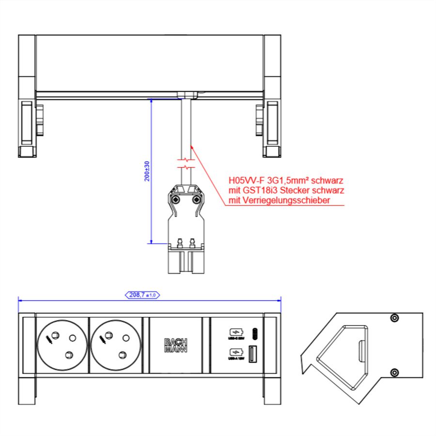 BACHMANN DESK2 ALU ZWART 2xUTE 1xUSB A&C 22W 0,2m GST18