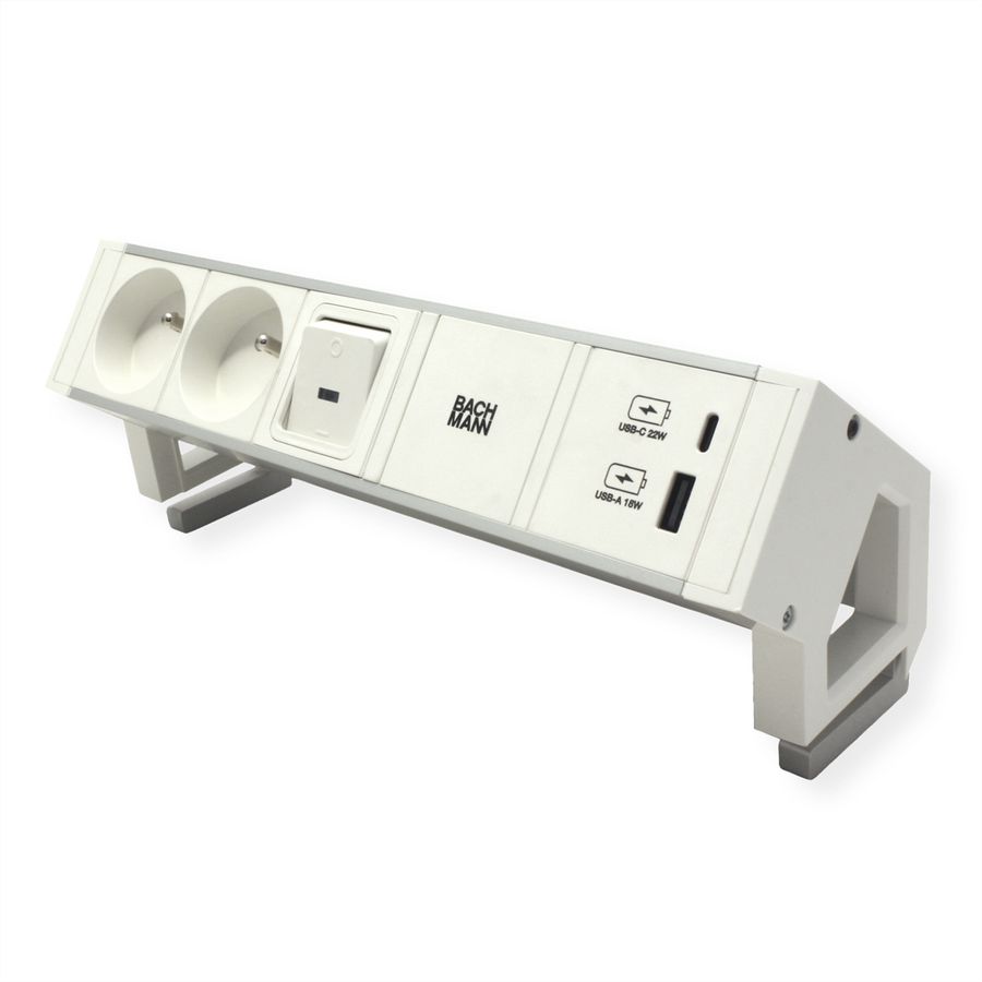 BACHMANN DESK2 ALU WHITE 2xUTE 1xUSB A/C 22W 1xswitch 0.2m
