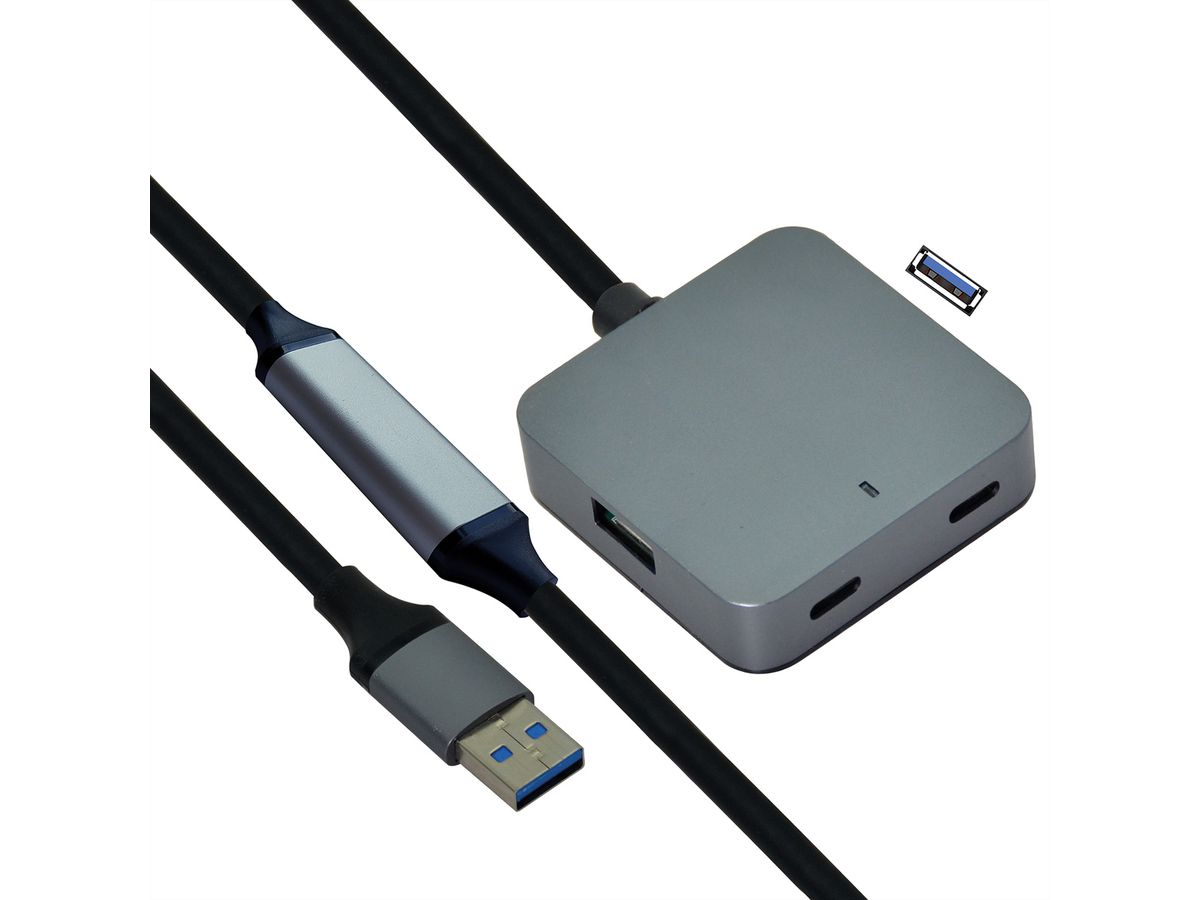 VALUE USB 3.2 Gen 1 Hub, 4 poorten (2x USB-A + 2x USB-C), met verlengkabel, zwart, 10 m