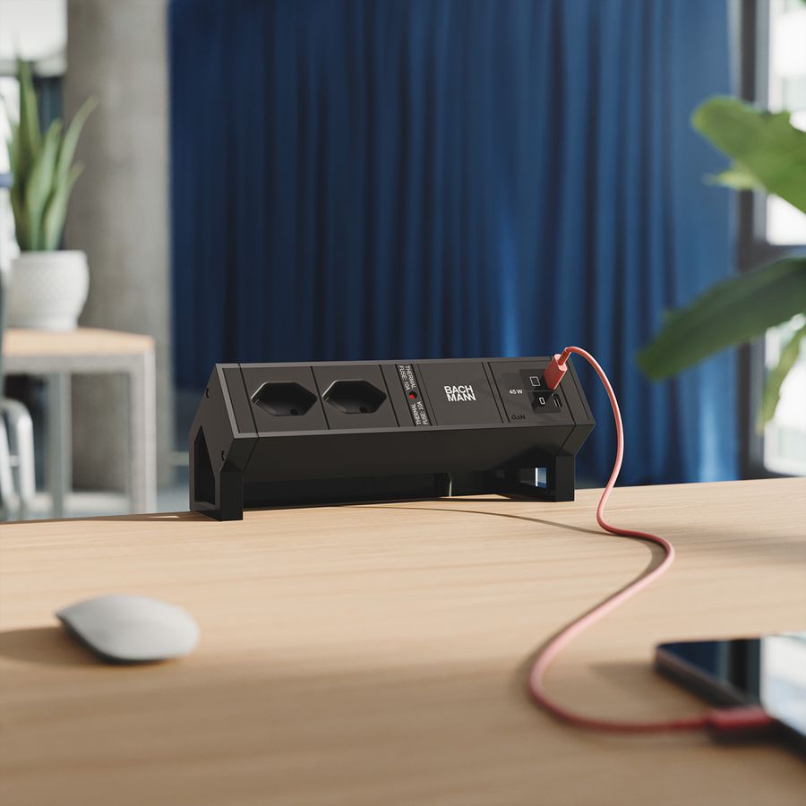 BACHMANN DESK2 2xCH 90° 1xUSB C/C 45W, L=0.2m RAL9005