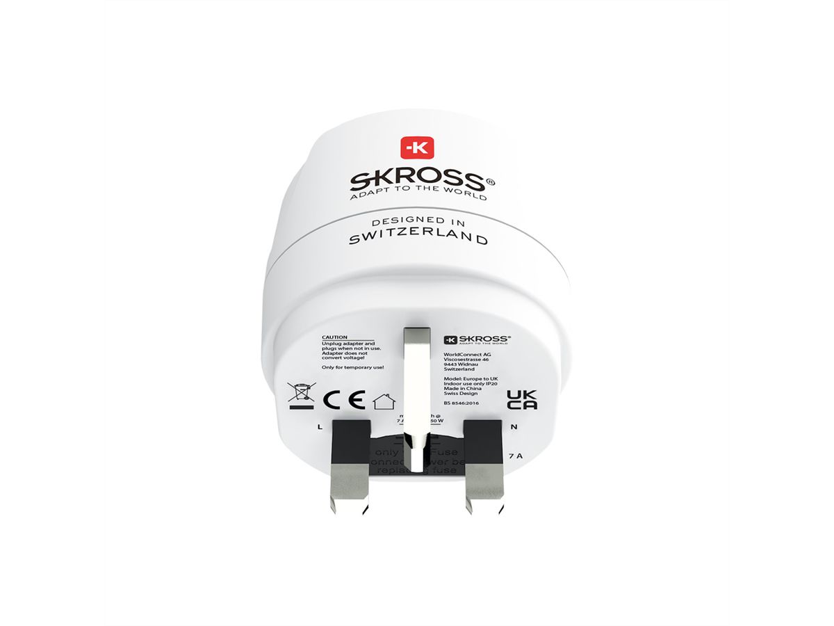 Skross Europe to UK Travel Adapter, for 2- and 3-pole devices