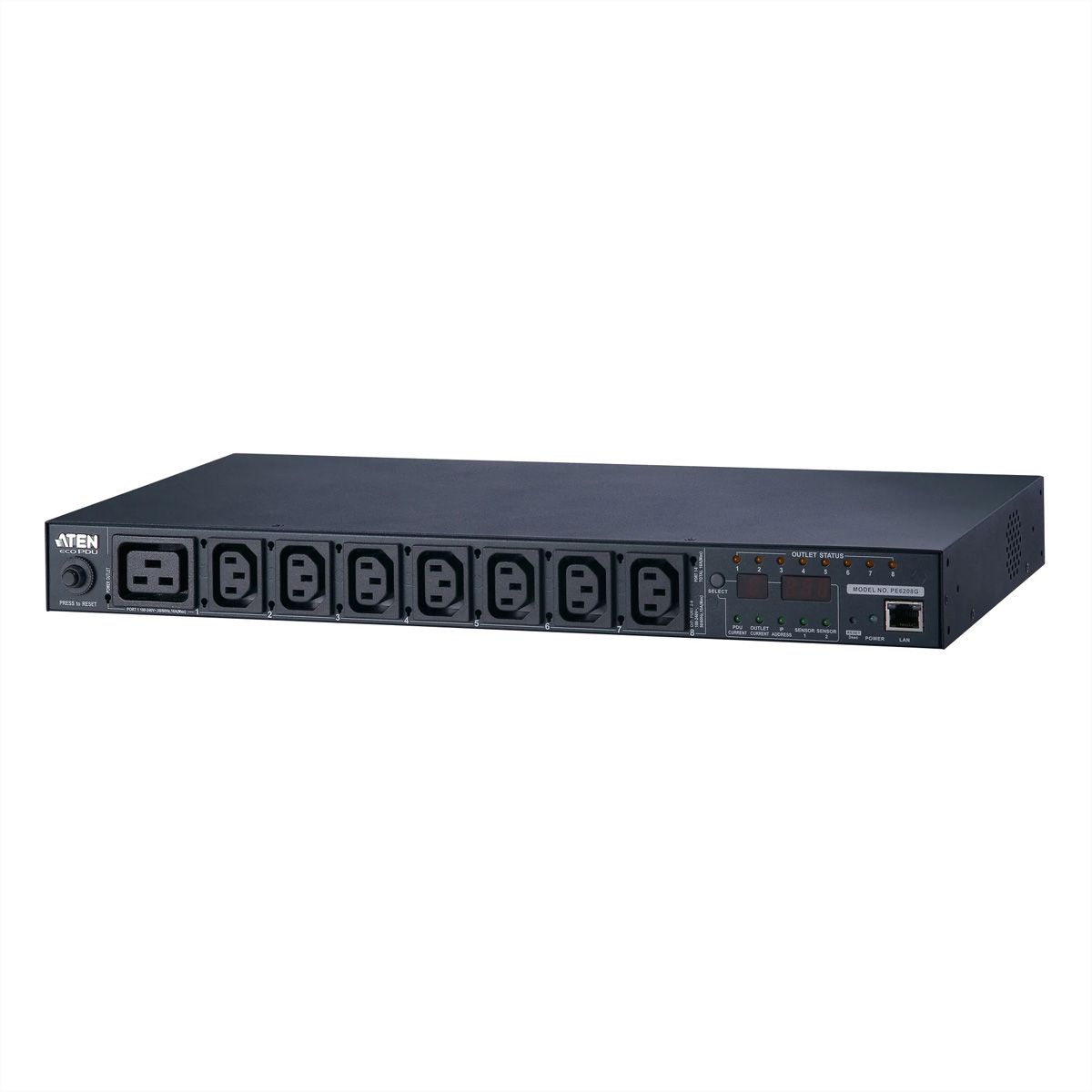 ATEN PE6208G IP-Fernschaltsteckdose, 8 Port, 1HE, 7x C13, 1x C19, 16A, Energiemessung