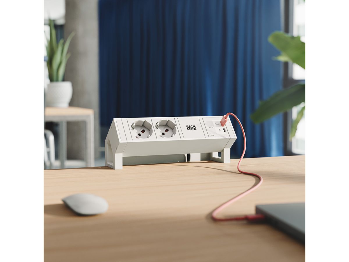 BACHMANN DESK2 white 2xP40, 1xUSB C/C 65W L=0.2m RAL9010