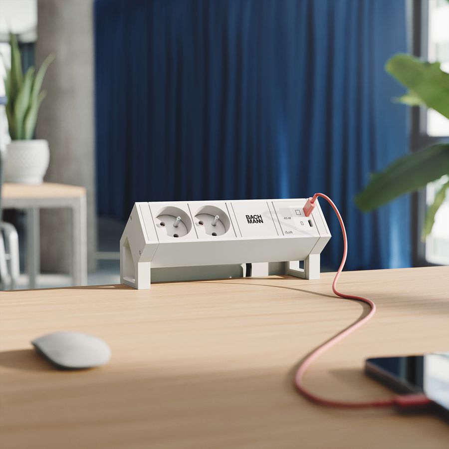 BACHMANN DESK2 white 2xUTE, 1xUSB C/C 45W L=0,2m RAL9010