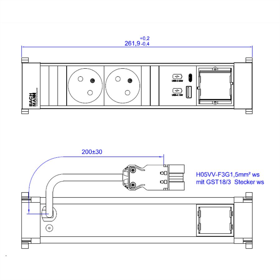 BACHMANN POWER FRAME 2xUTE 1xCM 1xUSB A/C 22W 0.2m GST18