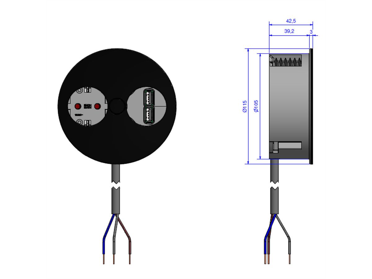 BACHMANN TWIST 1x geaard stopcontact, adereindhulzen, USB oplader, geaarde inbouwstekker, zwart, 2 m