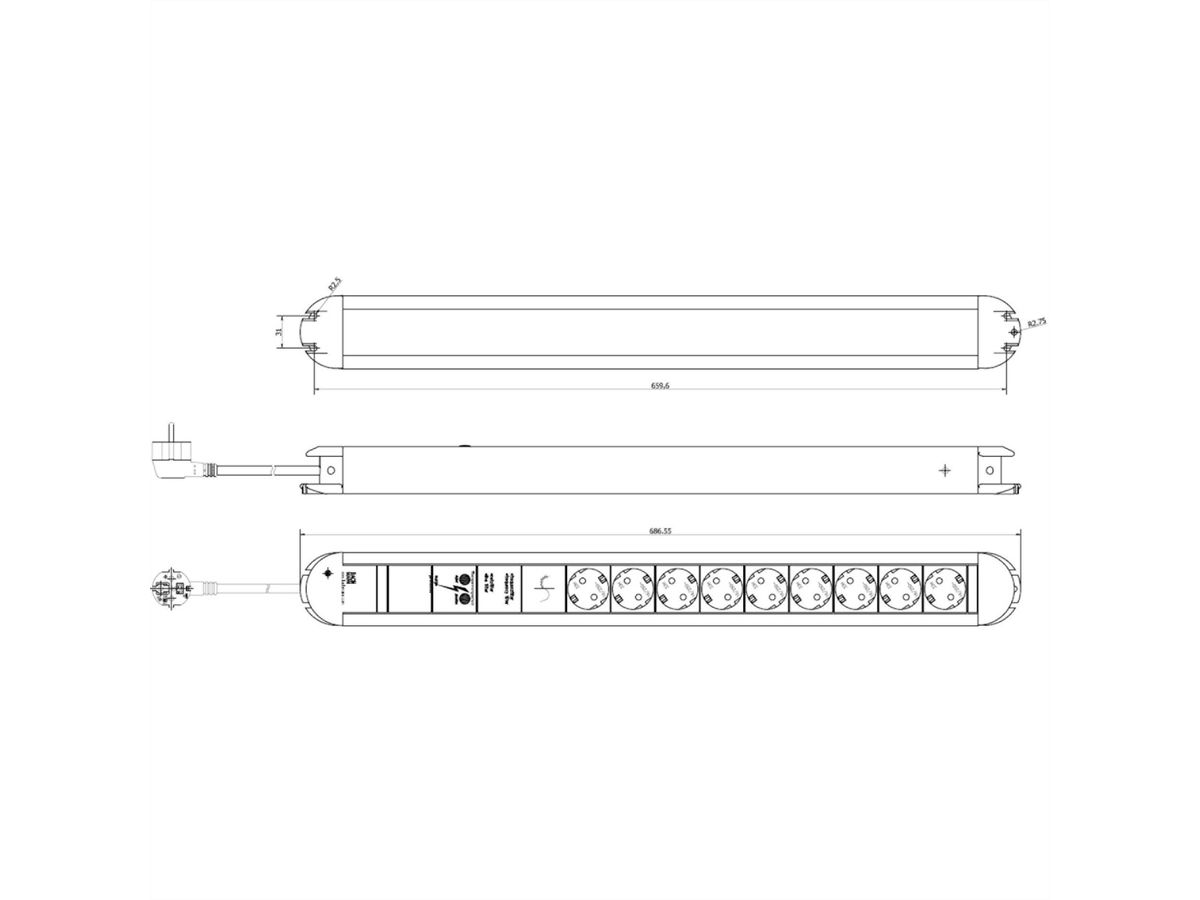 BACHMANN PRIMO socket strip 9x earthing contact aluminium full device protection, 1.75 m