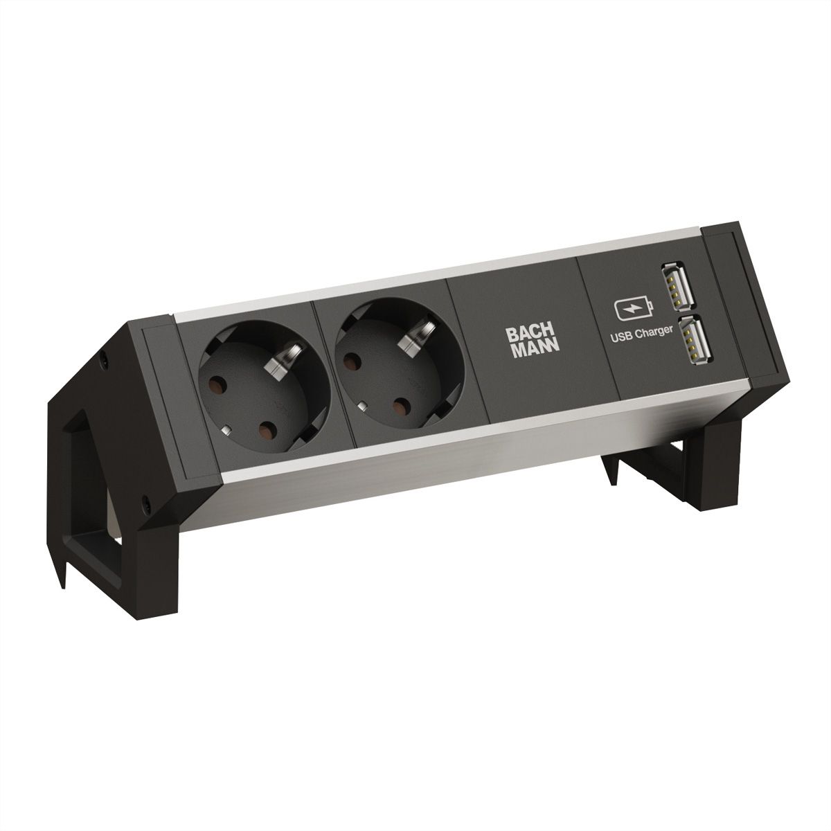 BACHMANN DESK2 ALU ZWART 2x geaard stopcontact 1x USB lader