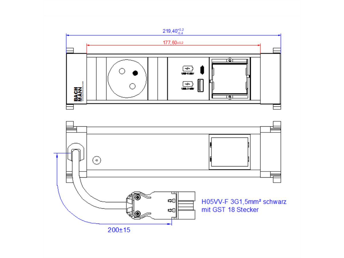 BACHMANN POWER FRAME S 1xUTE 1xCM 1xUSB A/C 22W 0.2m GST18
