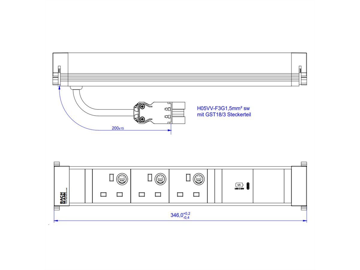 BACHMANN POWER FRAME L 3xUK, 1xUSB C 30W 0.2m GST18 United Kingdom