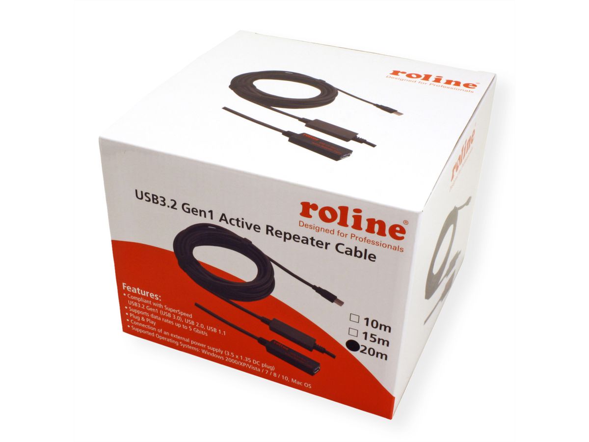 ROLINE USB 3.2 Gen 1 Actieve Repeater kabel, zwart, 20 m
