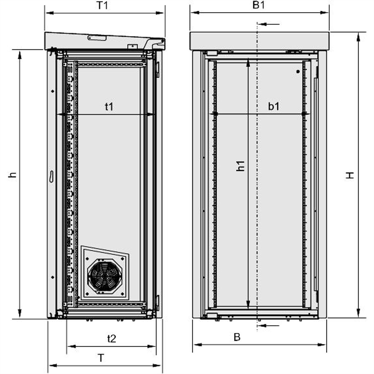 SCHROFF modulaire buitenluchtkast met dubbele deur, ventilator, 1330H 1300W 600D